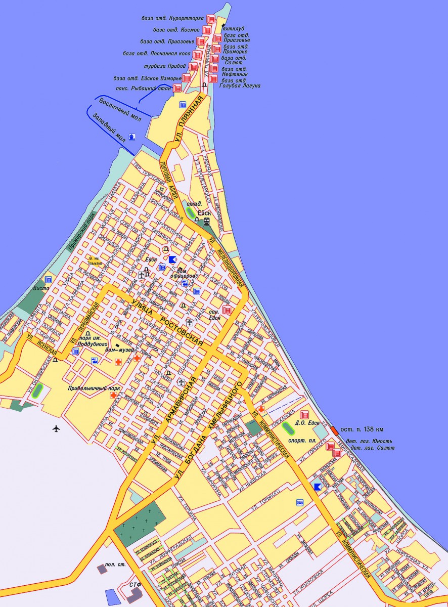 Карта Ейска улицами домами пляжами
